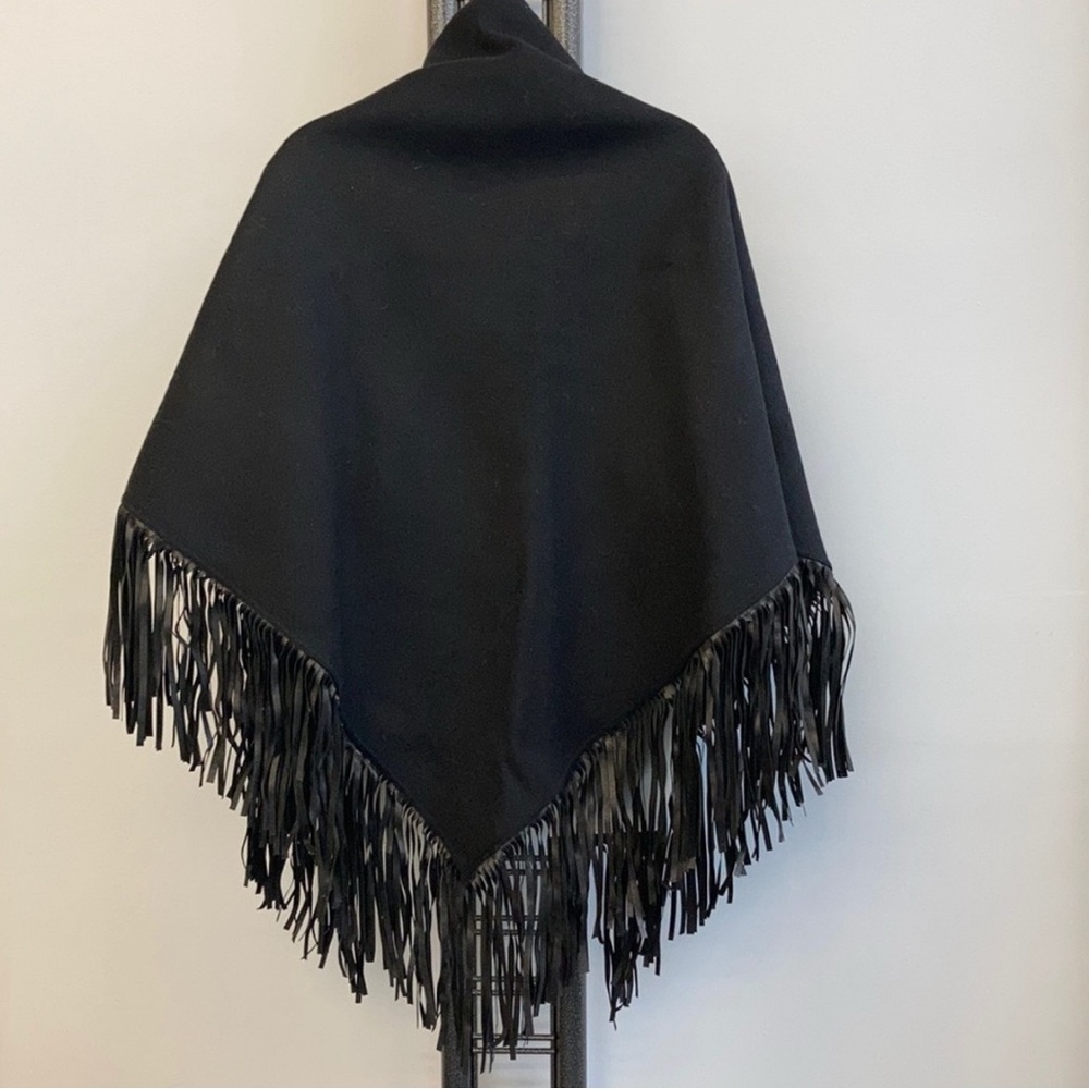 Mackage Black Wool and Lambskin Fringe wrap cape
